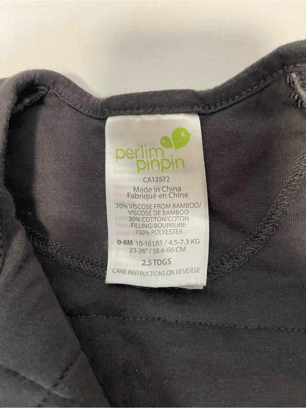 Perlim Pinpin 0-6m 2.5tog Bamboo-Cotton Sleep Sack Charcoal Gray